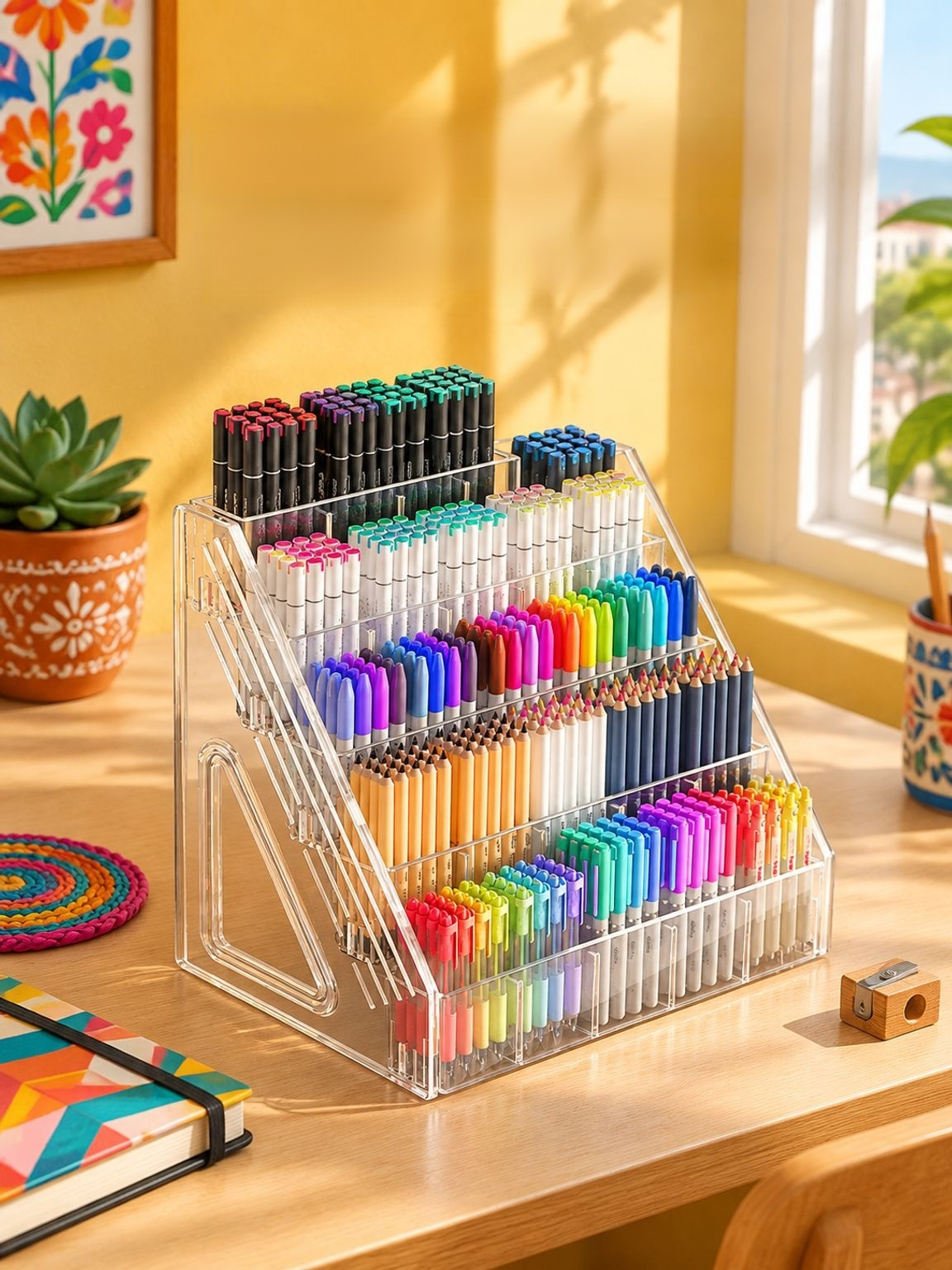 Organizador acrílico escalonado con diseño moderno para marcadores y útiles escolares.