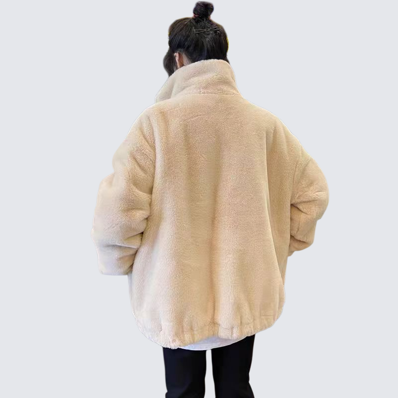 寬鬆仿兔毛立領毛絨外套