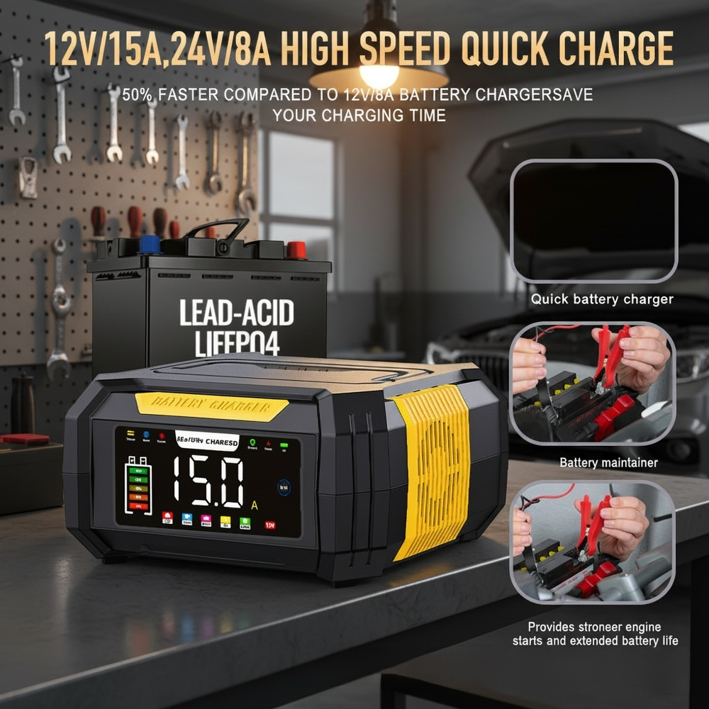 Portable Car Battery Charger for Lead-Acid/Lithium Iron Phosphate Batteries with Concealed Cable