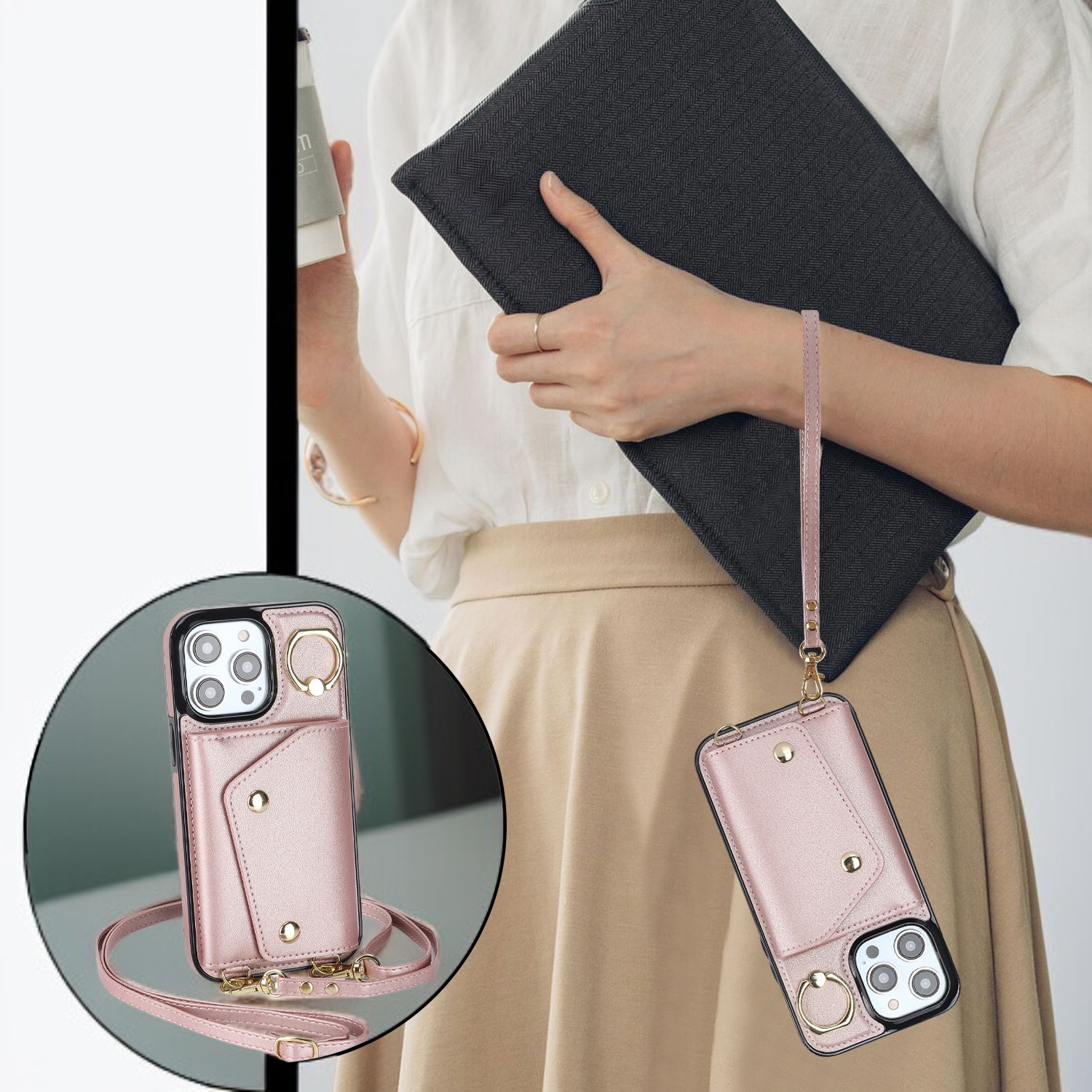 iPhone 16 크로스바디 케이스, Apple 15 Pro Max와 호환, 지퍼와 카드 슬롯이 있는 지갑형 보호 케이스.