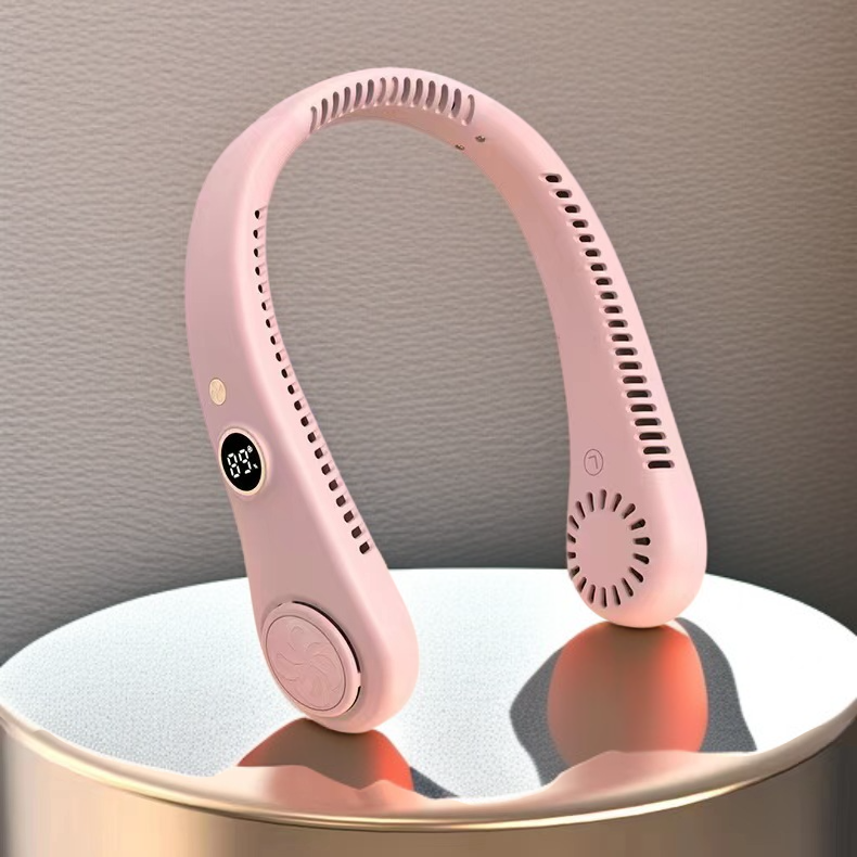 ミニ携帯型ブレードレス首掛け扇風機 USB充電 デジタル表示付き 折りたたみ式