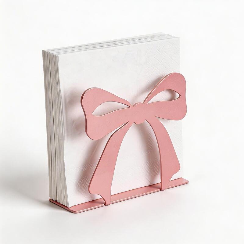 Pink Bow Metal Napkin Holder, Tabletop Decorative Tissue Dispenser for Parties and Kitchen