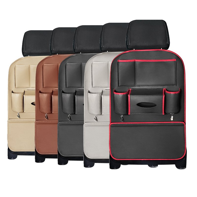 Car seat backrest organizer with multiple pockets for storage