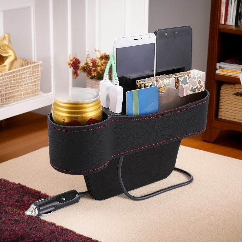 Wielofunkcyjny samochodowy organizer z ładowaniem USB i miejscem na kubek