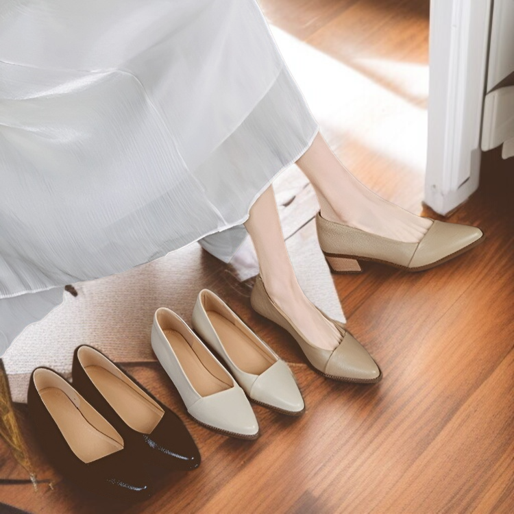 살구색 소프트 가죽 여성 스틸레토 단화 미들 굽 통굽 여성화