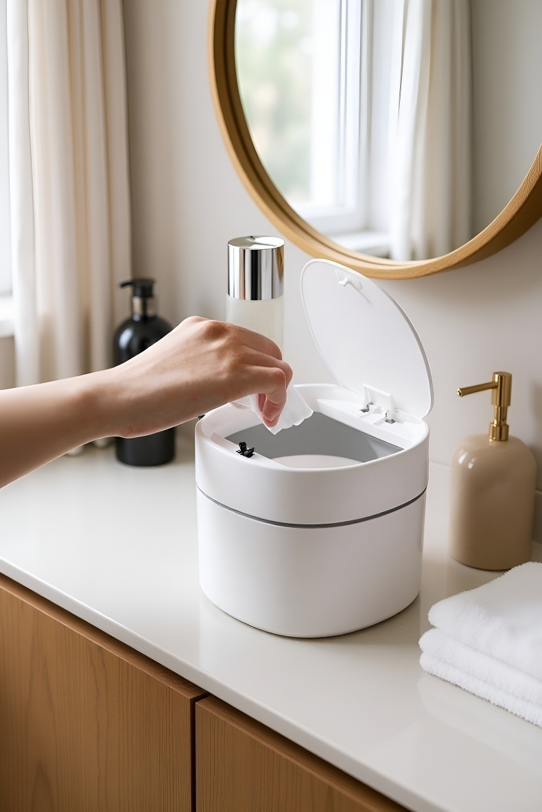 Durable plastic flip-top trash bin in home office