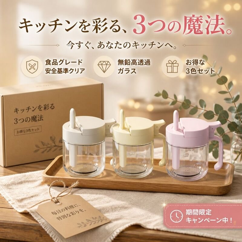 ガラス調味料ジャー 分離可能設計 家庭用味精・塩ジャーセット スプーン付き