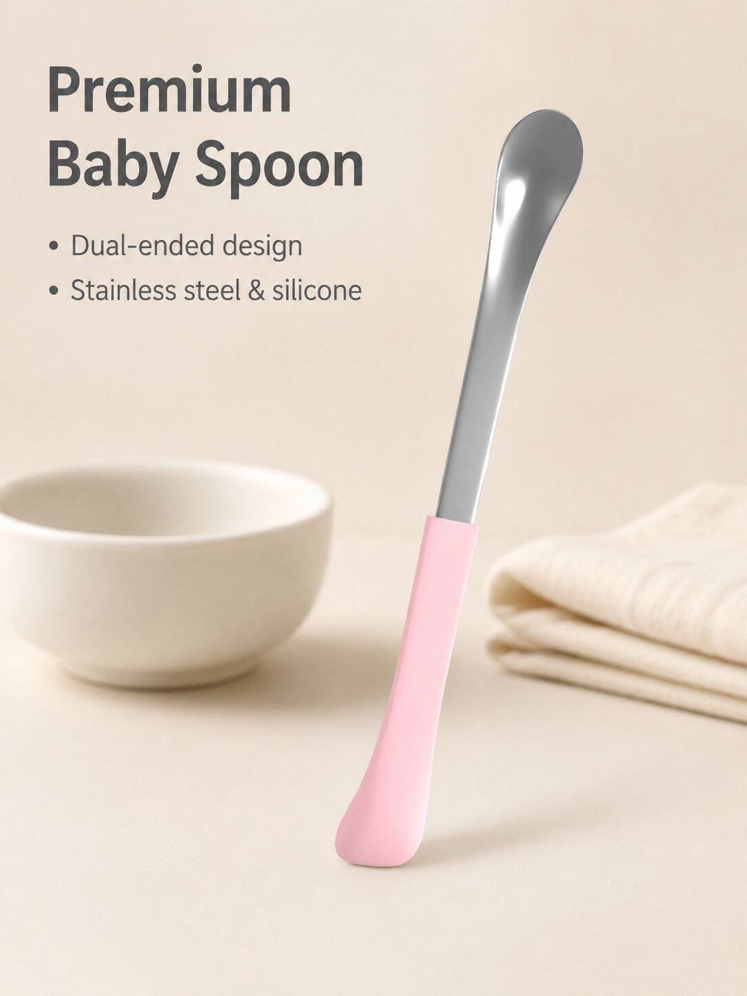 Stainless Steel Baby Spoon with Silicone Sleeves on Both Ends, Safe Feeding Spoon