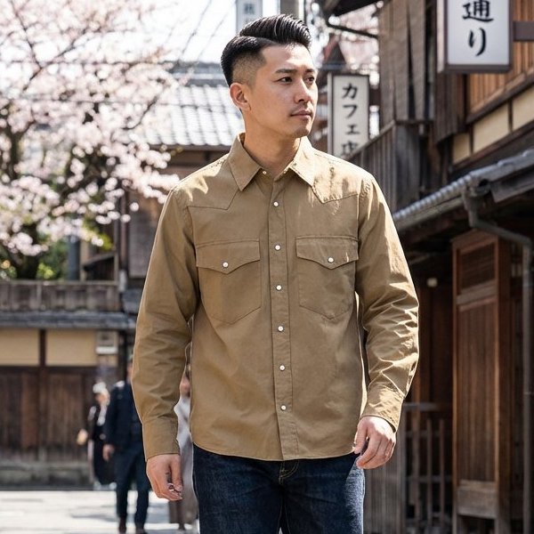 新作無地ワーク風長袖シャツ