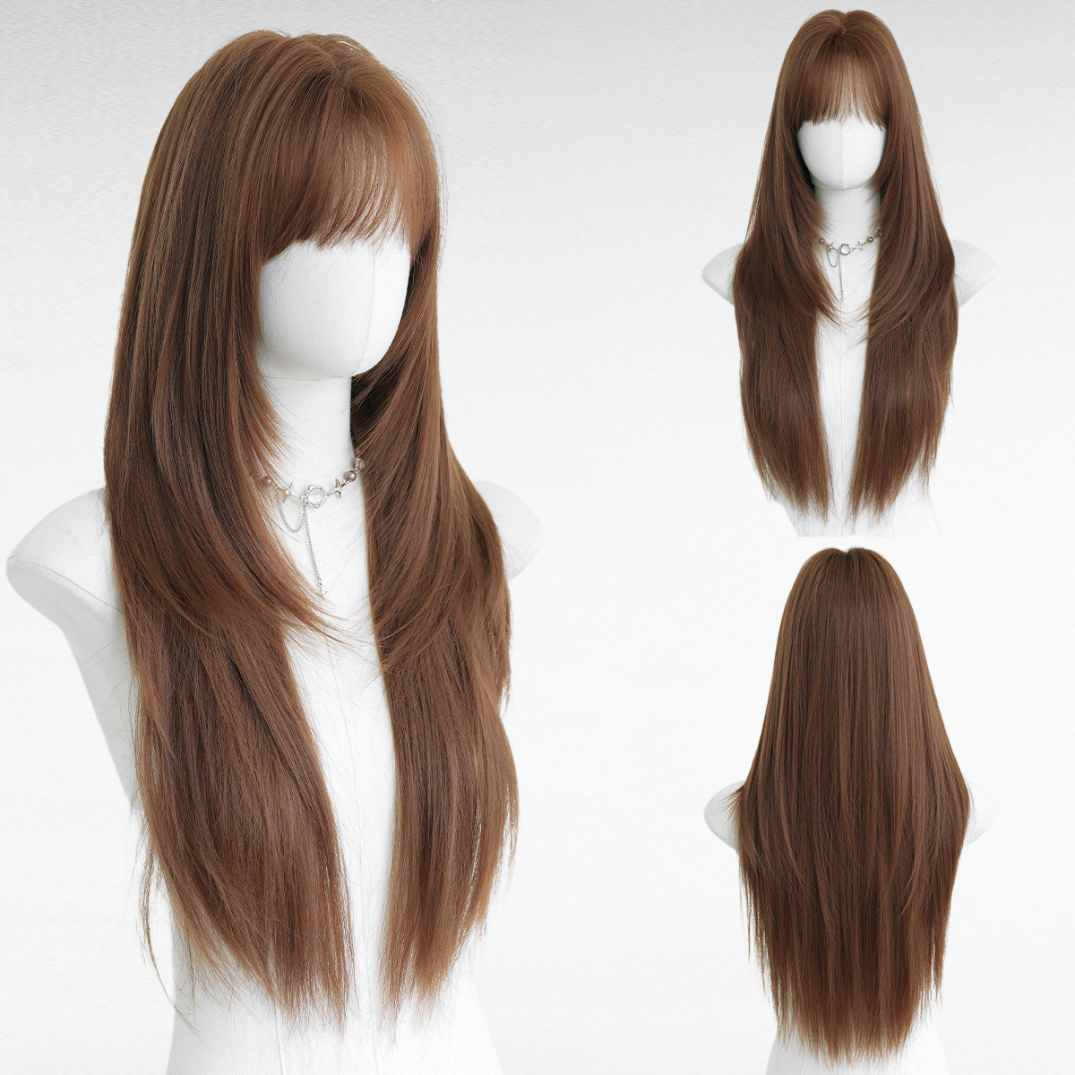 여성용 패션 긴 흑색 레이어드 풀위그, 둥근 얼굴용