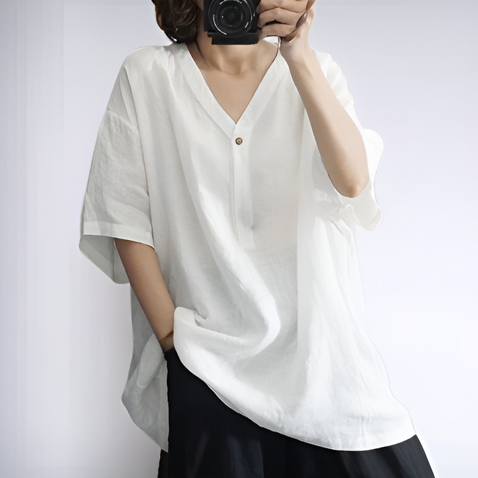 レディース Vネック ゆったりカジュアル コットンリネン 半袖トップス