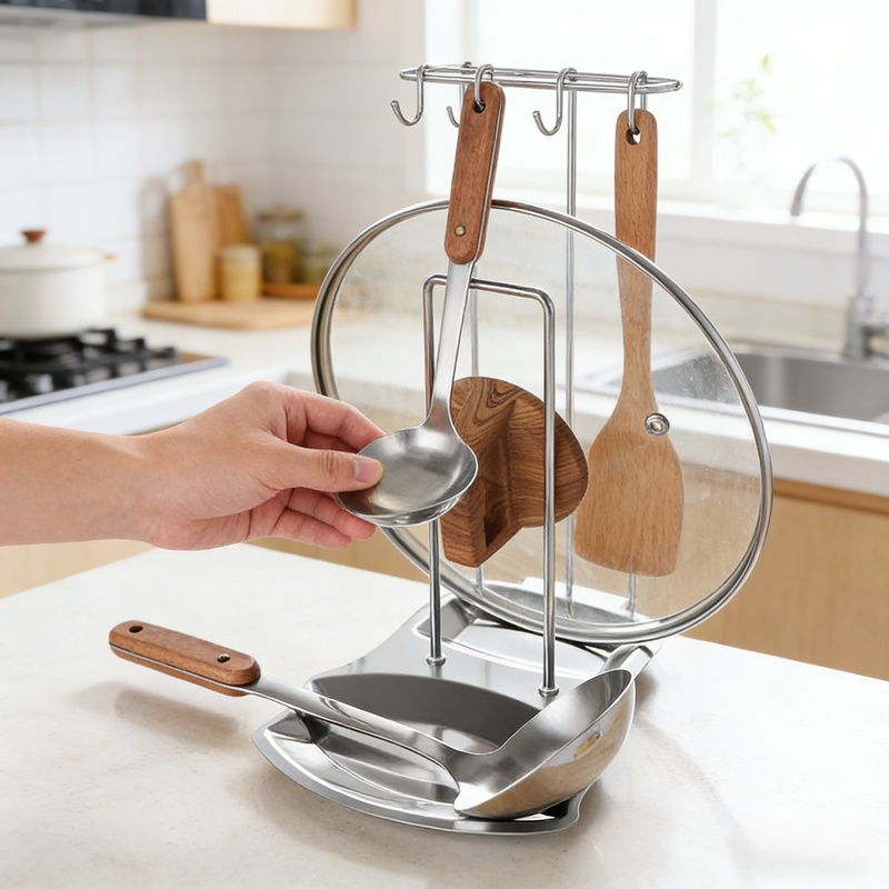 廚房免打孔不銹鋼鍋蓋勺架收納置物架帶沥水盤