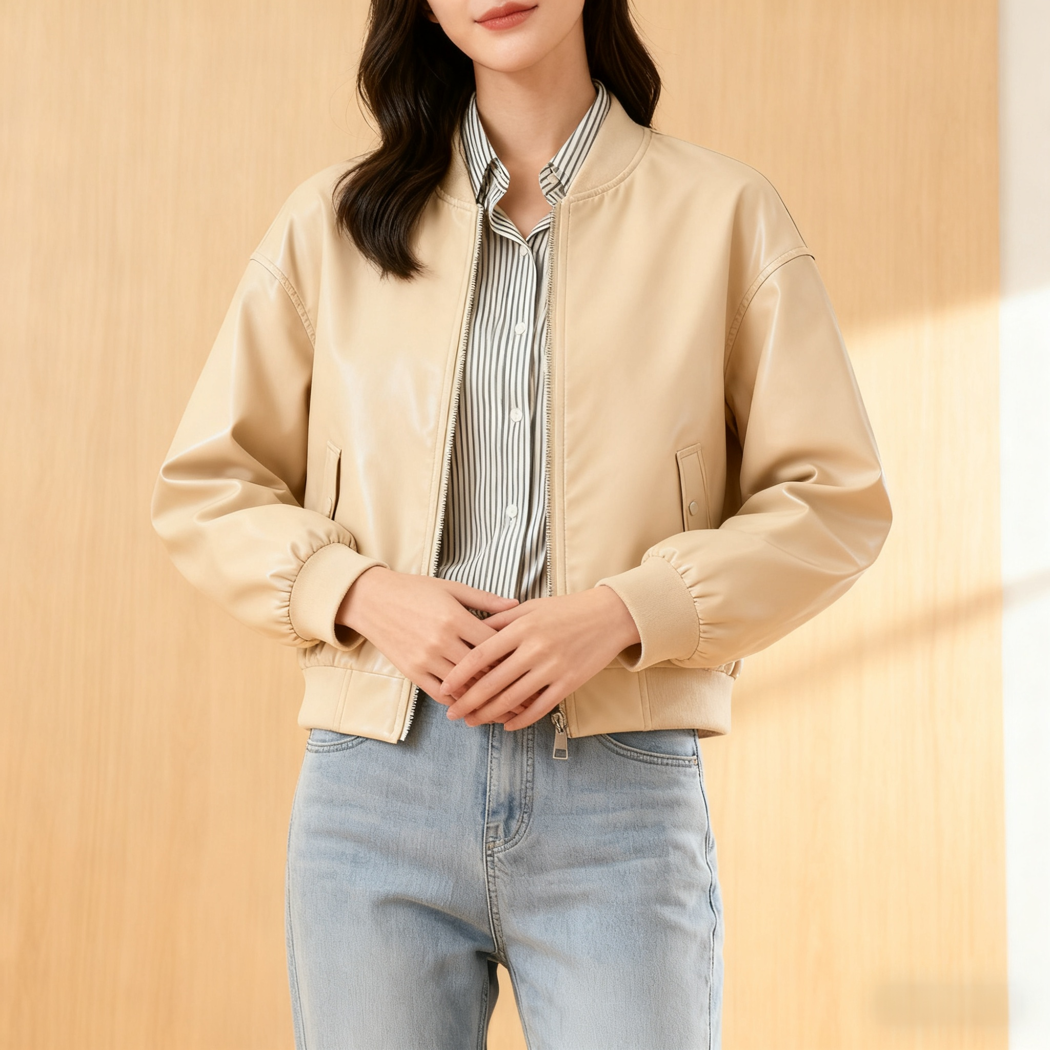 베이지 여성용 패션 숏 항공 재킷