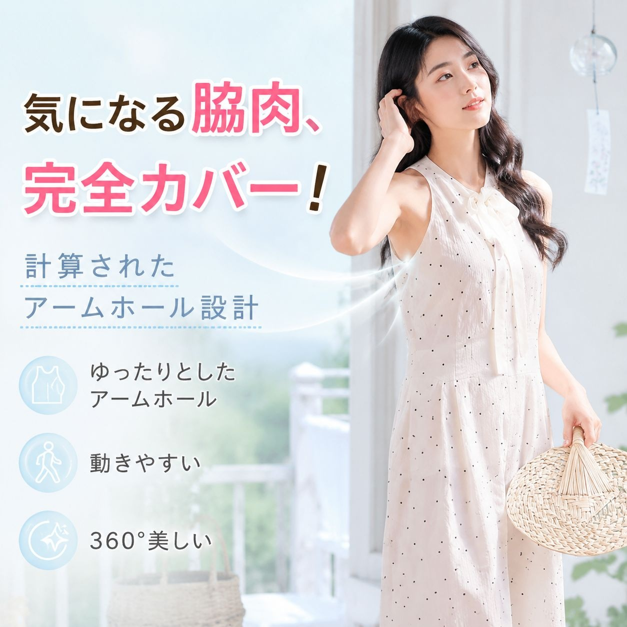 レディースドットノースリーブワンピース ベージュジャカードロングスカート