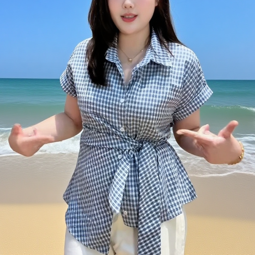 하프 기장 허리 조임 스트랩 체크 반팔 셔츠