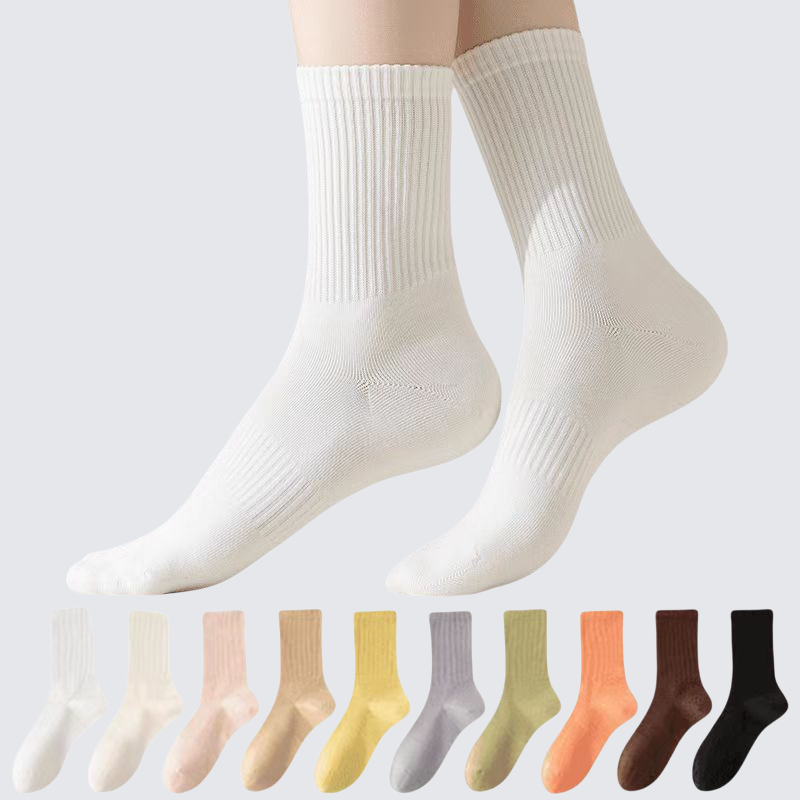 繽紛純色女士棉質中筒襪
