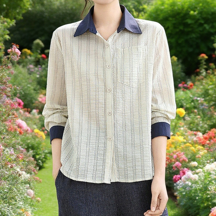 여성 빈티지 스트라이프 루즈핏 터틀넥 긴팔 셔츠