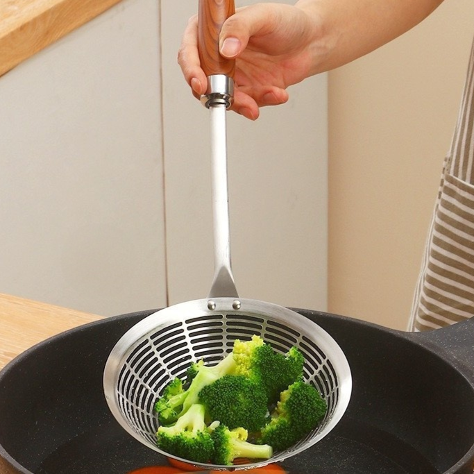 Stainless Steel Thickened Slotted Spoon with Wooden Handle