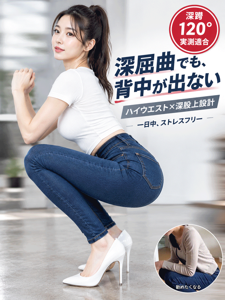 【360°ハイストレッチ×人間工学立体美脚】次世代美シルエット スキニーデニム｜骨格を選ばない感動の伸縮性・深履きハイウエスト・JIS伸縮復元率98.6%実証