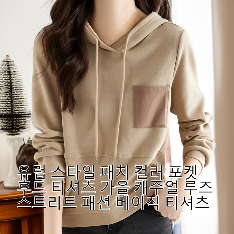 유럽 스타일 컬러 블록 포켓 후드티 가을 캐주얼 루즈핏 스트리트 패션 기본 티셔츠