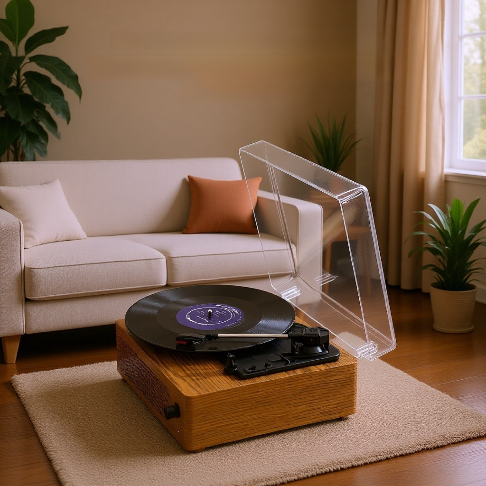 مشغل أسطوانات فينيل خشبي بتقنية بلوتوث مع غطاء مقاوم للغبار بتصميم عتيق على طراز الغراموفون