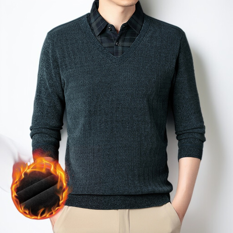 남성 가짜 더블 기모 체크 칼라 스웨터