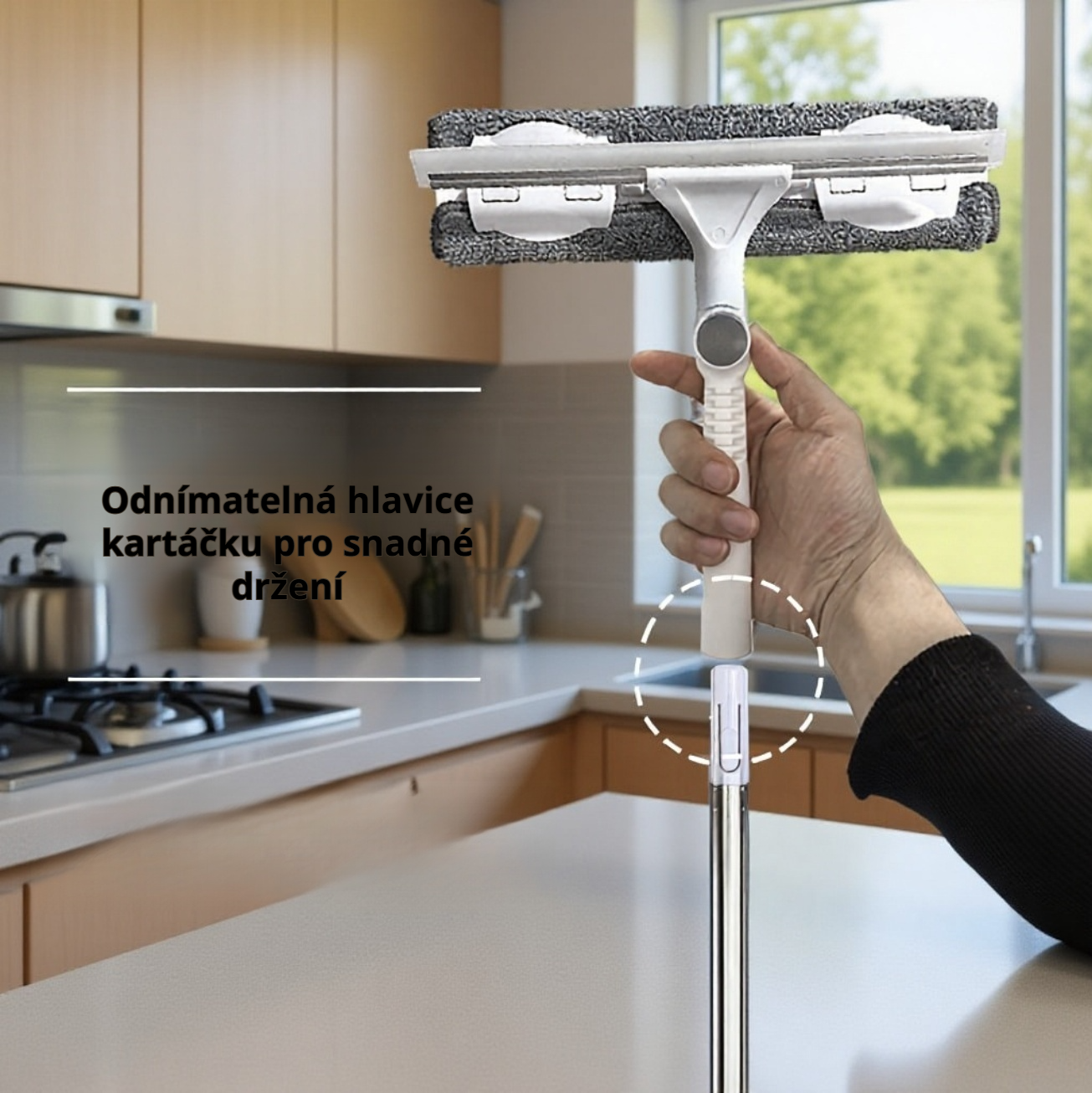 Dvoubarevný mop na okna s prodlouženou rukojetí pro domácnost