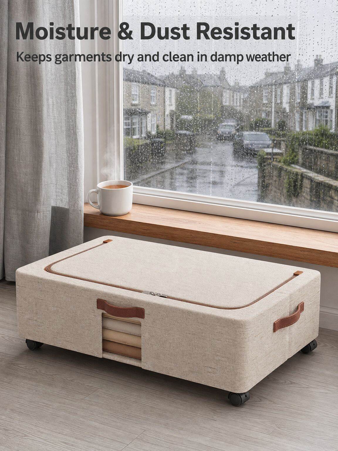 Under-bed quilt storage box with easy-roll wheels