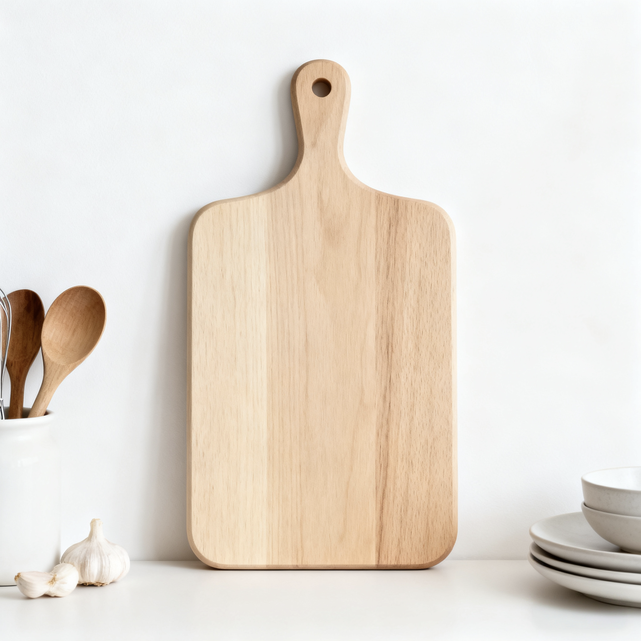 프리미엄 원목 재질의 나무 도마 근접 촬영