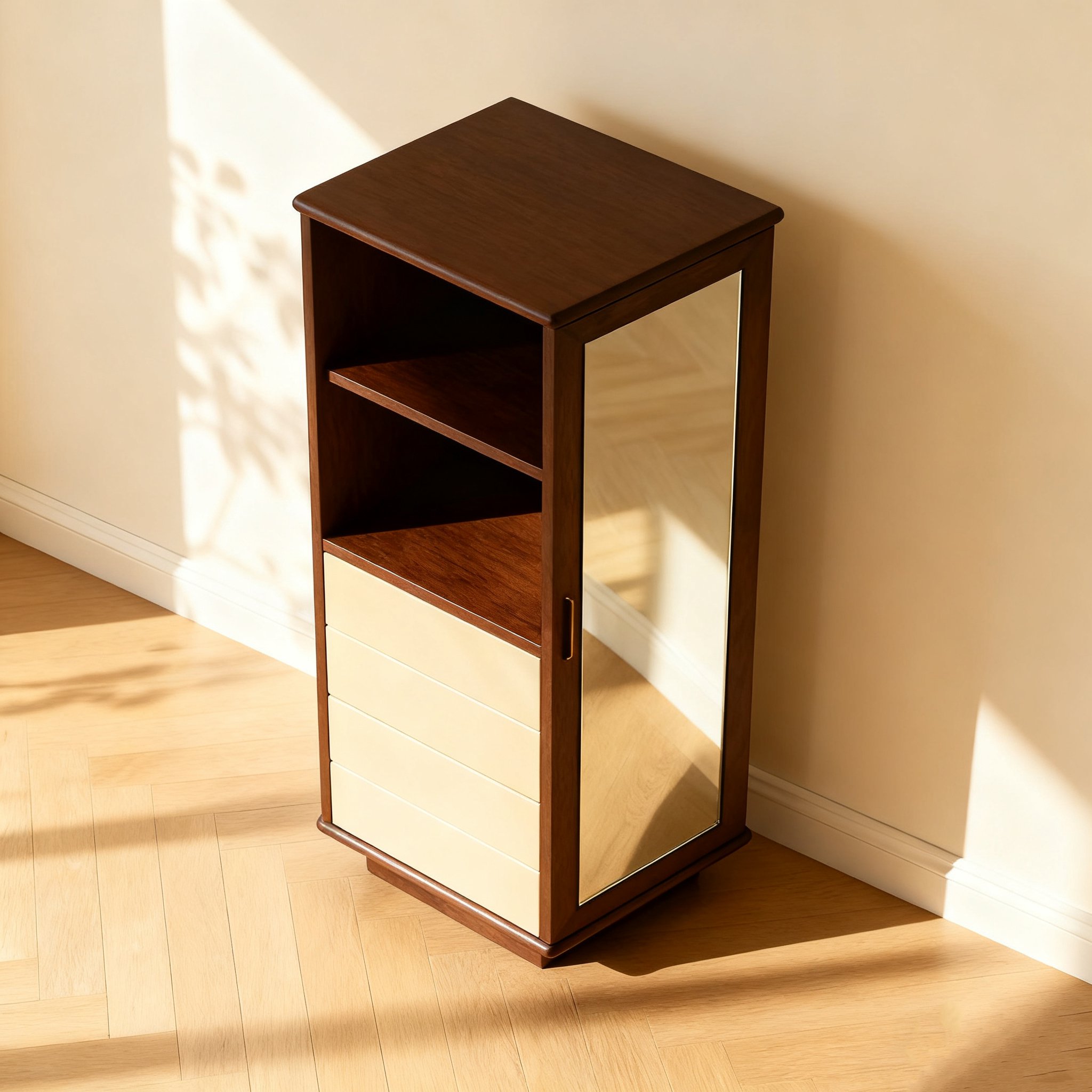 거울이 달린 원목 수납 코너 캐비닛