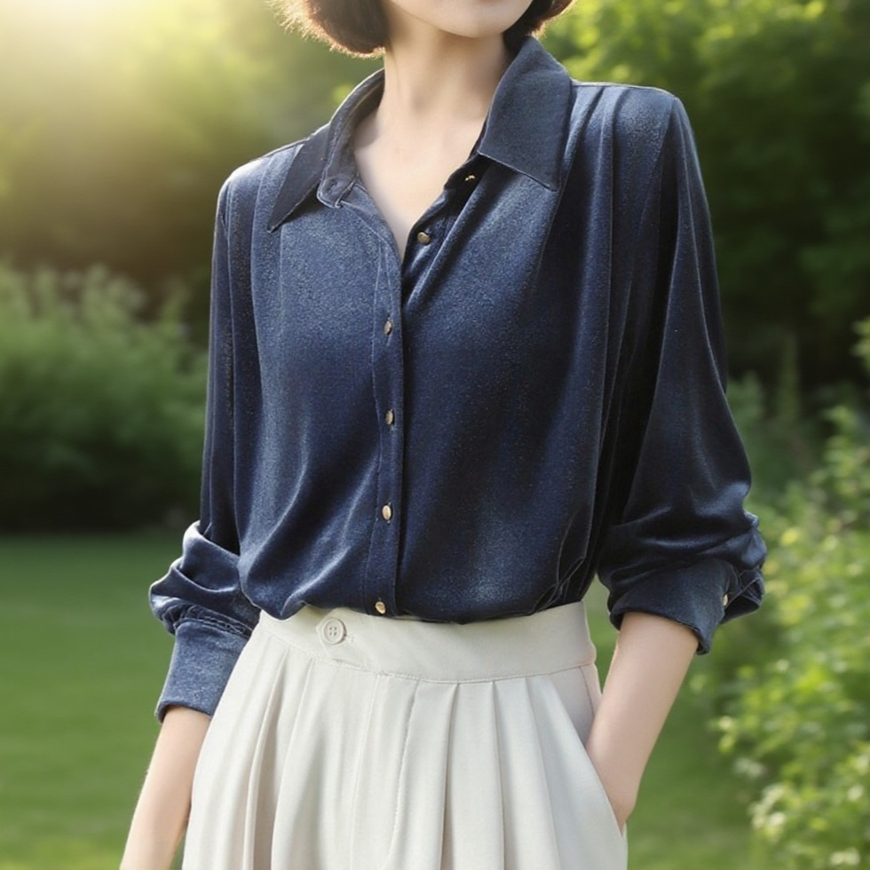여성 프렌치 벨벳 네이비 긴팔 셔츠