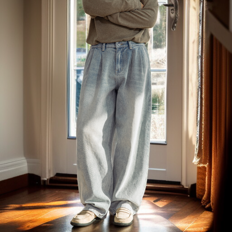 2026春季新款 水洗做旧牛仔裤 大尺寸 舒适 休闲 轻便 男士裤子 复古弯刀裤 直筒宽松长裤