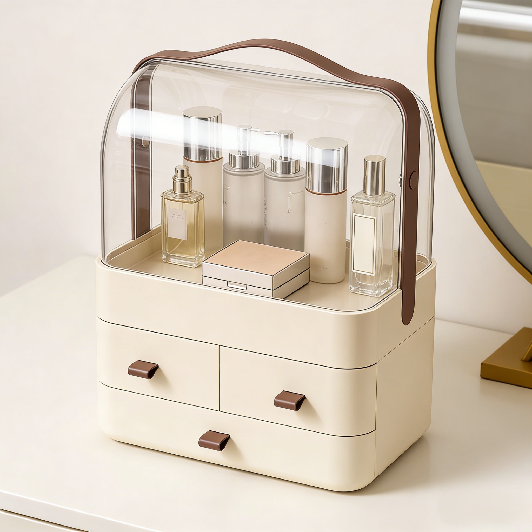 Dustproof cosmetic box holding skincare bottles