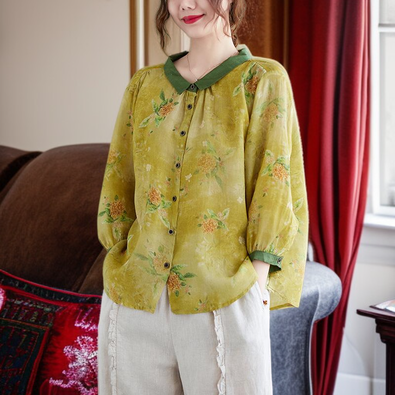 신상 여름 여성복 프린트 셔츠 코튼 마 문예 멜란 가디건 칼라 칠부 소매 캐주얼 셔츠녀