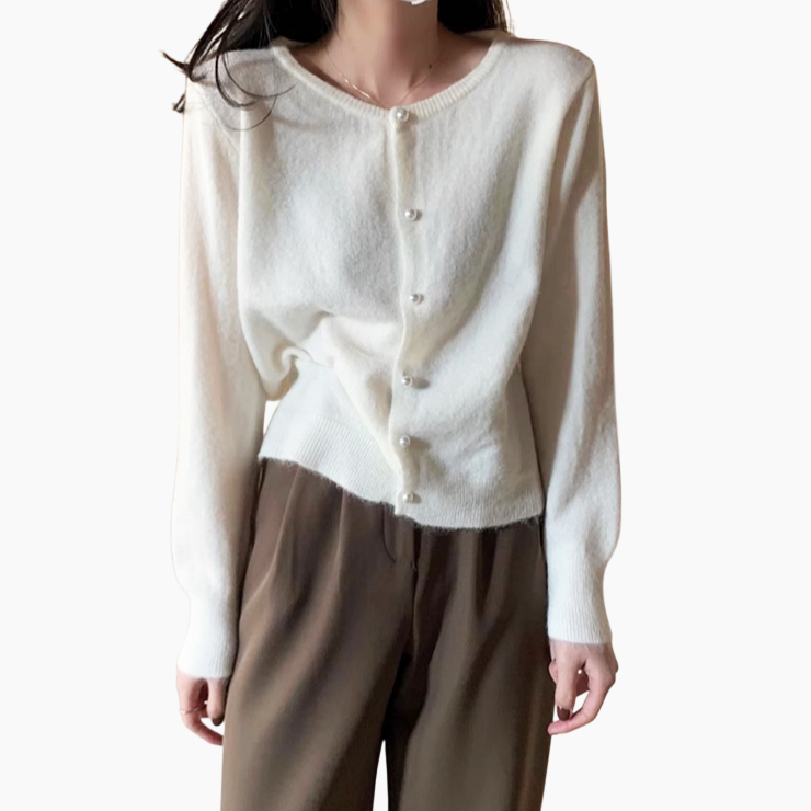 여성 니트 가디건 긴팔 솔리드 상의 진주 버클 여성 봄가을 라운드 니트 가디건 부드러운 니트 코트