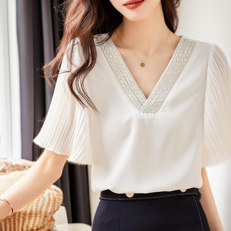 여성 여름 반팔 상의 배 가리는 반팔 화이트 셔츠 봄옷 블라우스 반팔 상의
