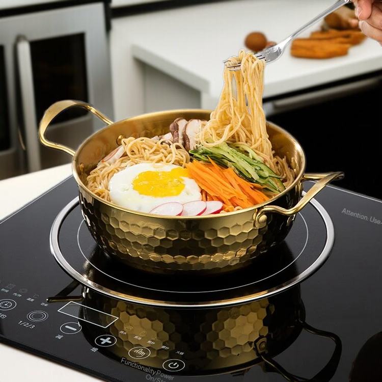 Cazuela y sartén dorada duradera de doble asa, especial para cocina de inducción y fideos