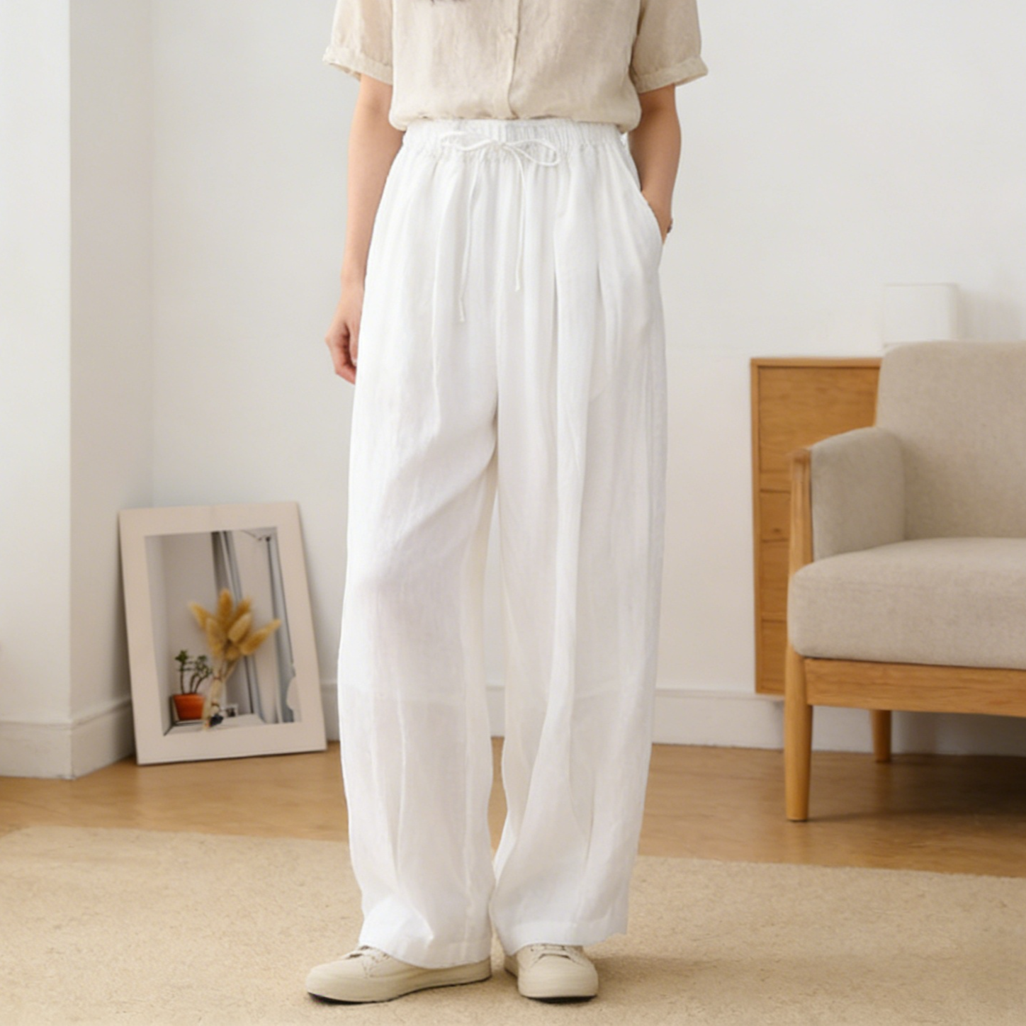 レディース レトロ 無地 コットン リネン ランタンパンツ