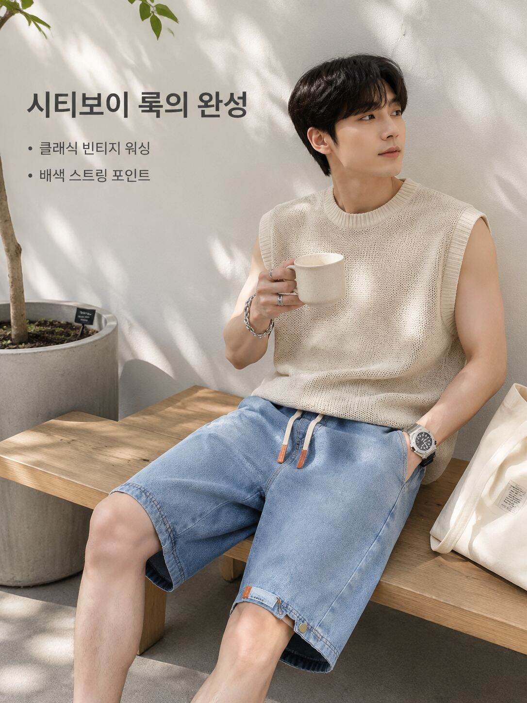 남성 루즈핏 빈티지 7부 데님 반바지 전체 모습