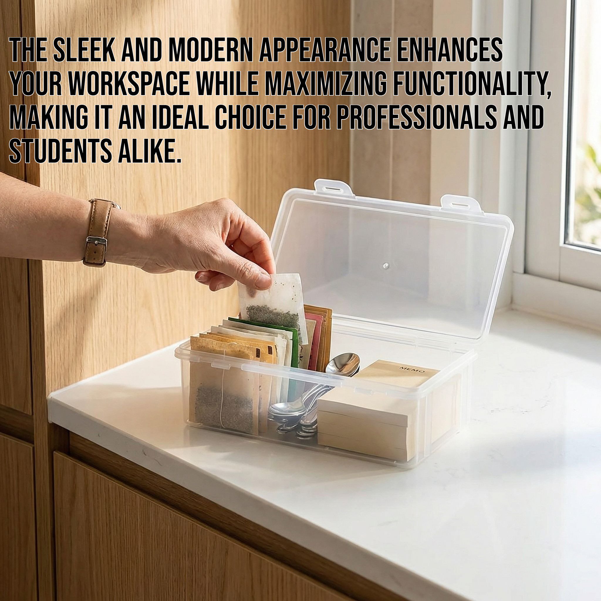 Fully transparent desktop storage box on office desk