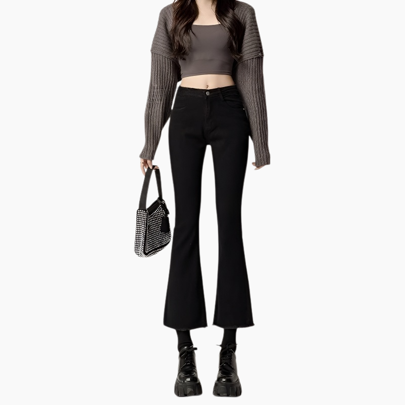 秋の女性用の黒のわずかにフレアのイミテーションジーンズ、小柄な人向けの韓国バージョン、ハイウエスト、スリムな89ポイント、多用途のカジュアルベルボトムパンツ