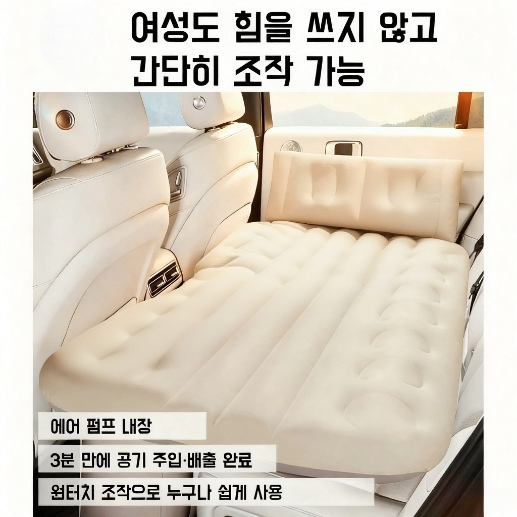 자동차 내부에 설치된 원터치 전동 에어 매트리스
