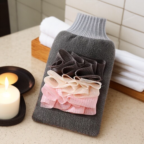 MC 플라워 디자인 양면 샤워 스폰지 장갑