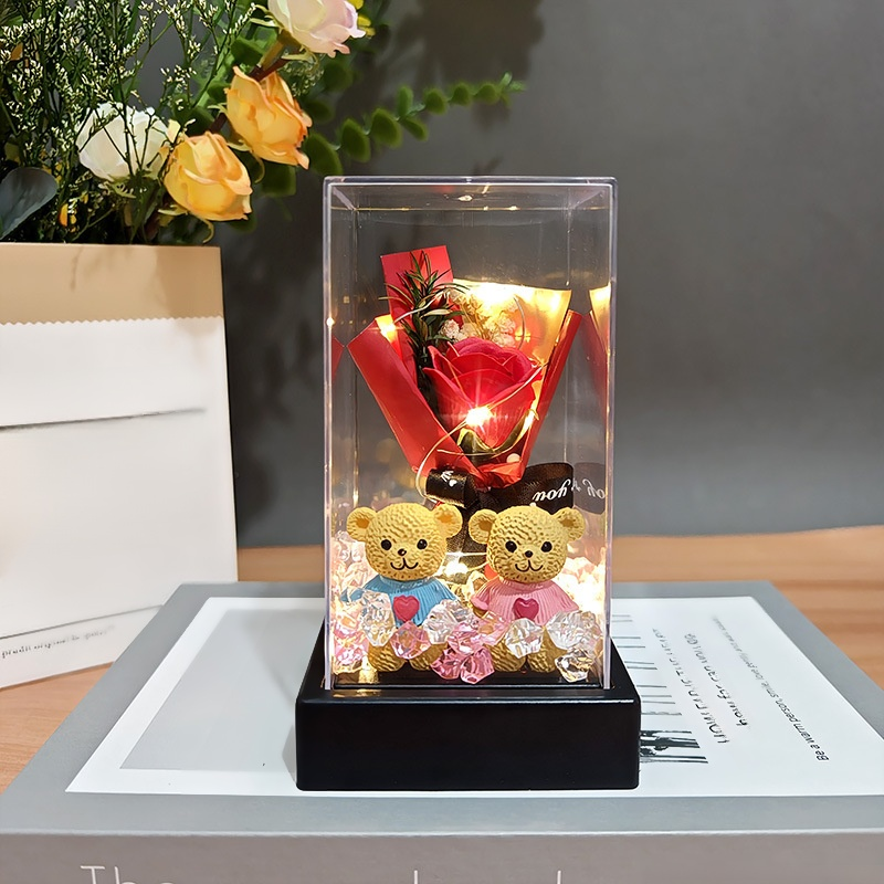 永生花玻璃罩情侶浪漫夜燈香皂玫瑰花束禮盒