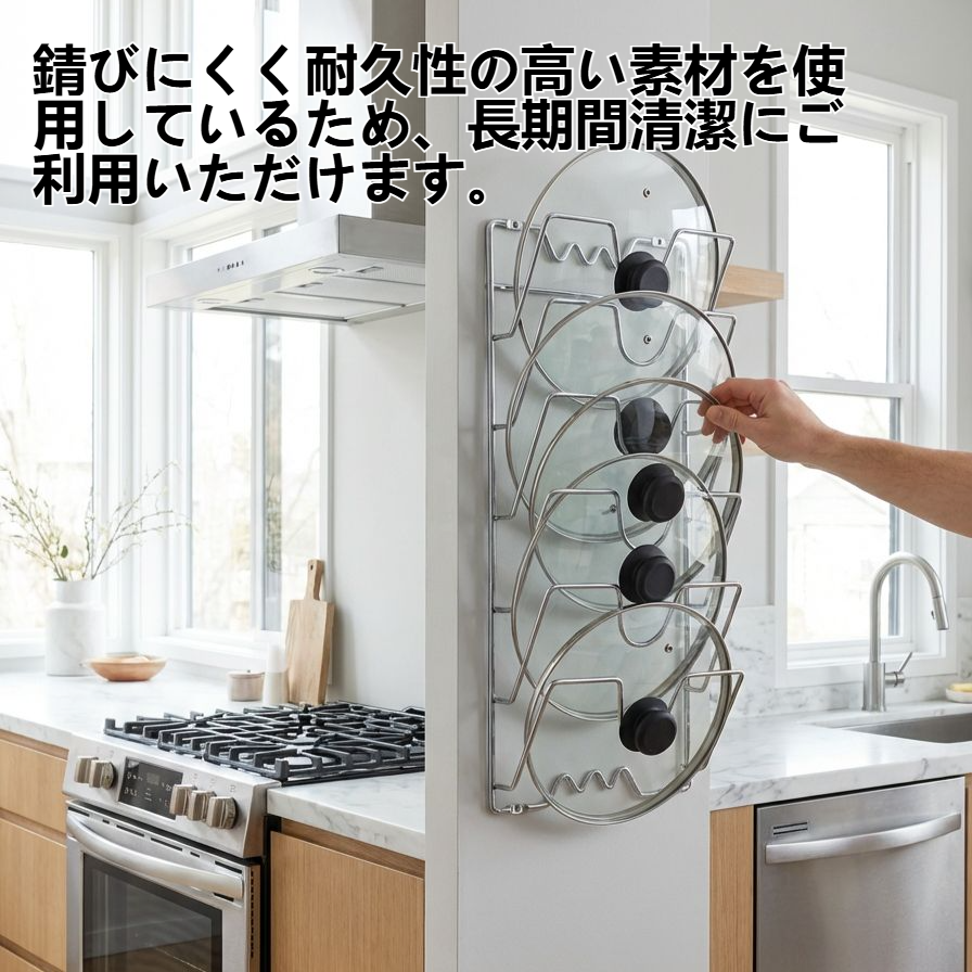ドリル固定式壁掛け鍋蓋ラックの設置イメージ
