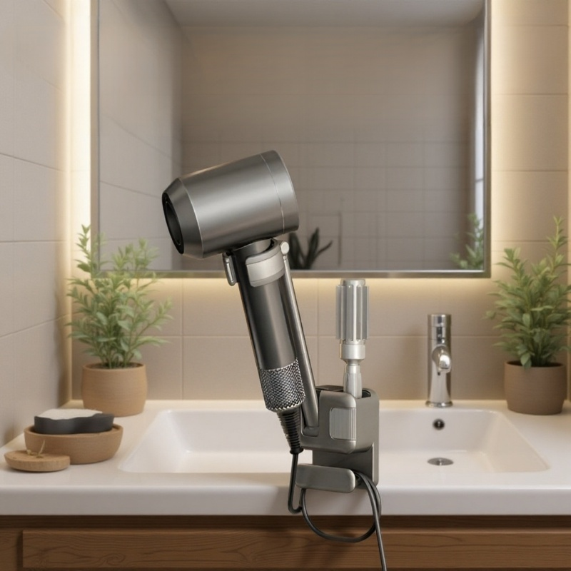 ハンズフリーで使用可能なドライヤースタンドの設置例