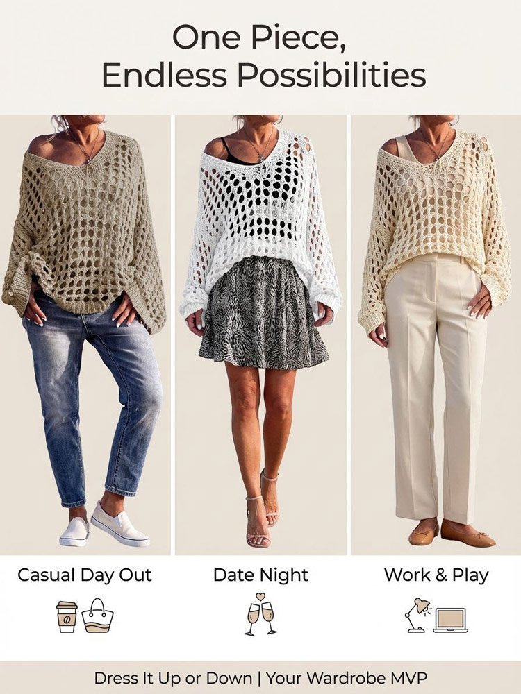 Resort-style openwork knit cover-up