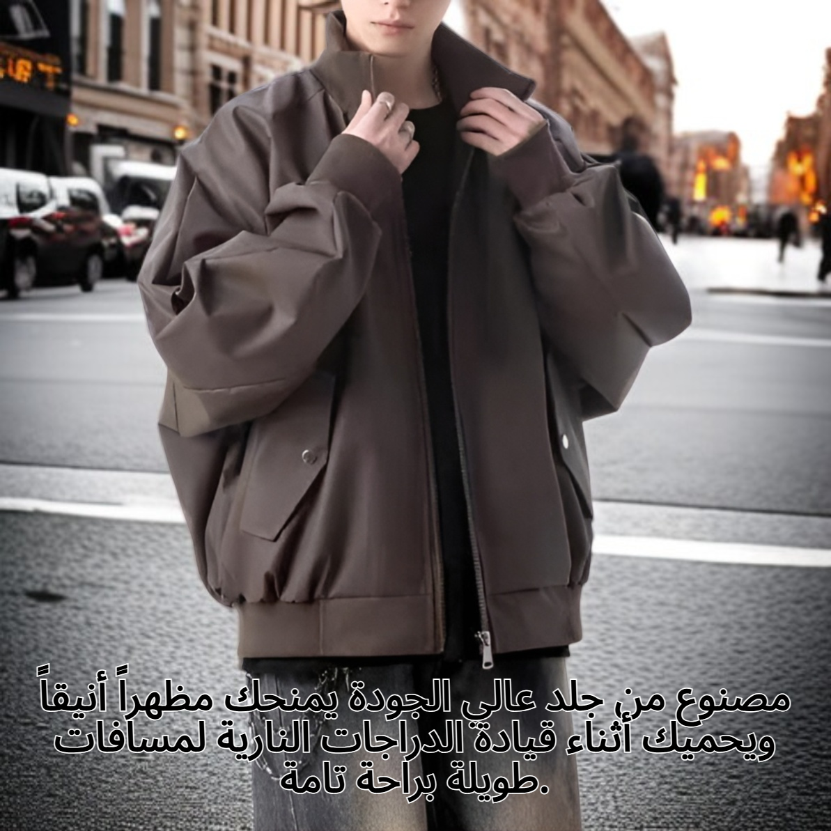 جاكيت جلد بني للدراجات النارية على الطراز الأمريكي