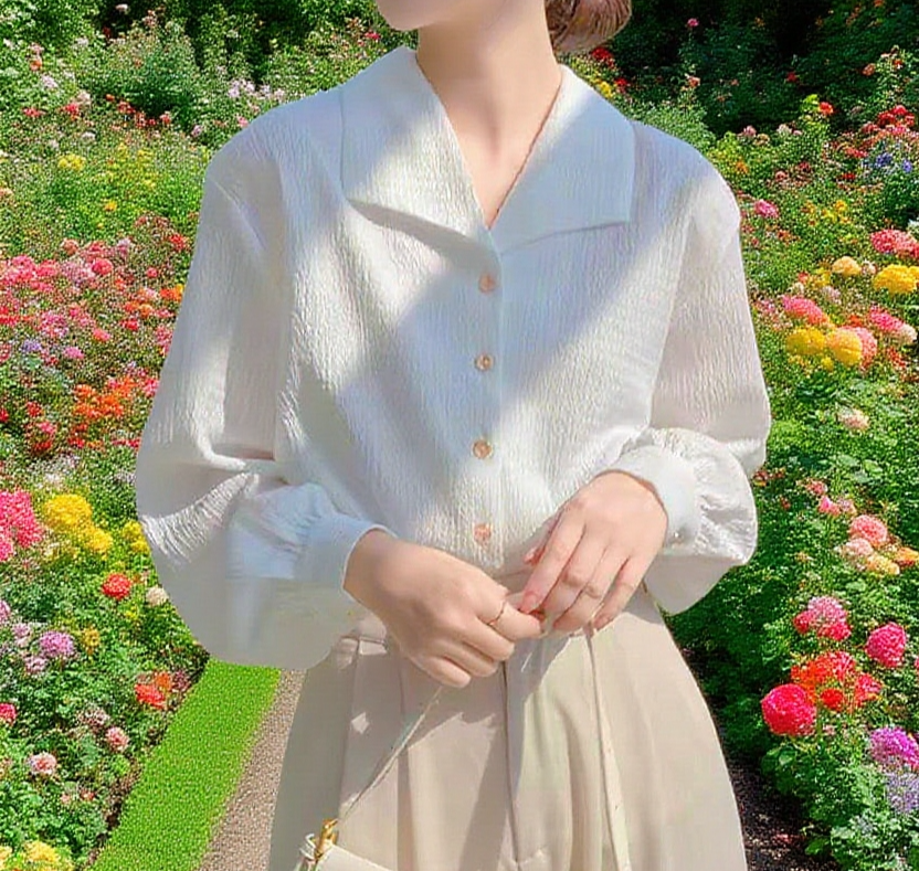 여성 파마 방지 흰색 긴팔 셔츠 정면 이미지