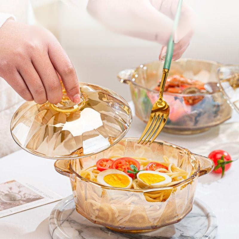 蓋付きのガラス製両手持ちスープボウル